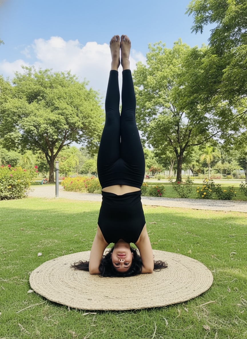Yogini Ilaa in a headstand outdoors on a woven mat