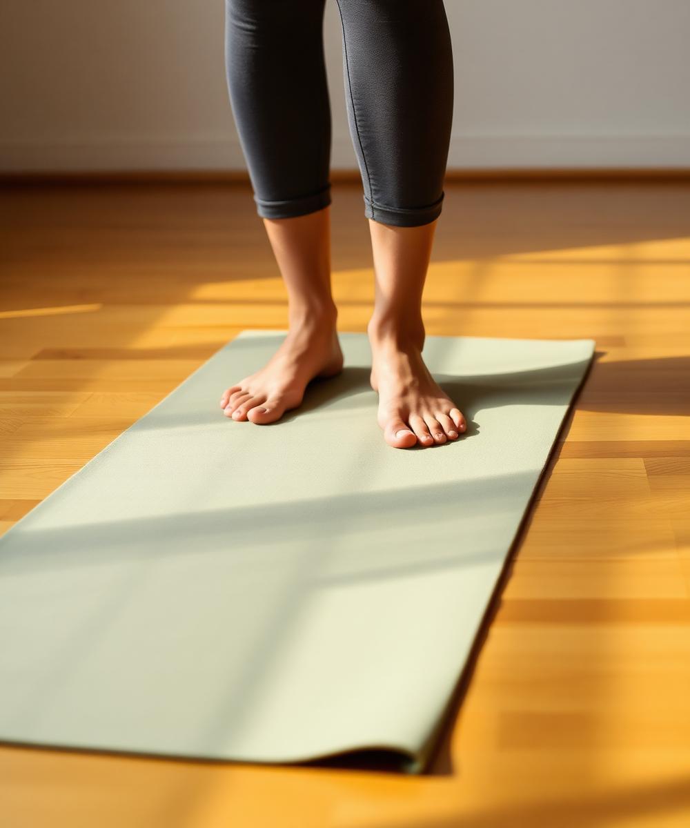 Feet standing in mountain pose on a sage yoga mat