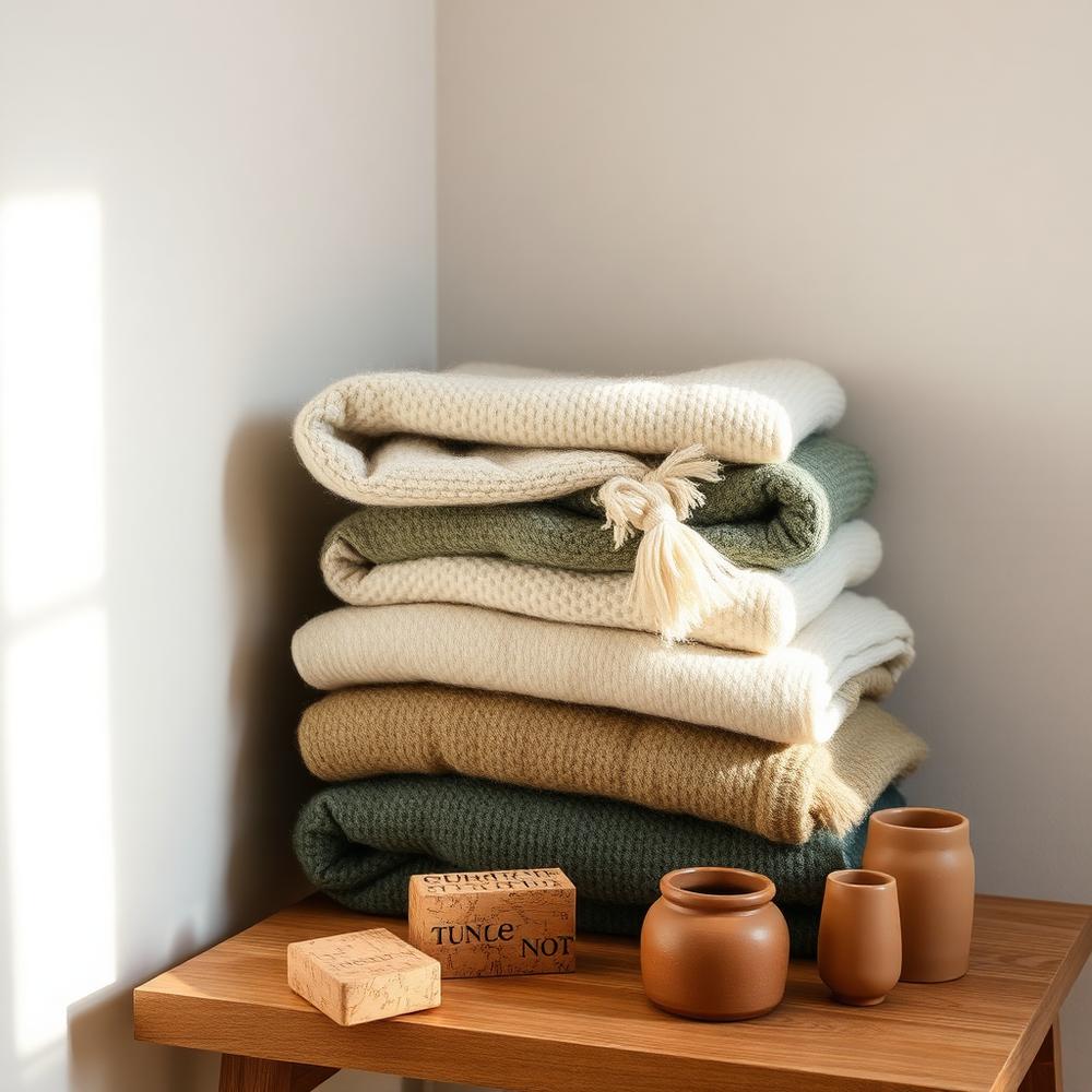 Stack of folded blankets and yoga props