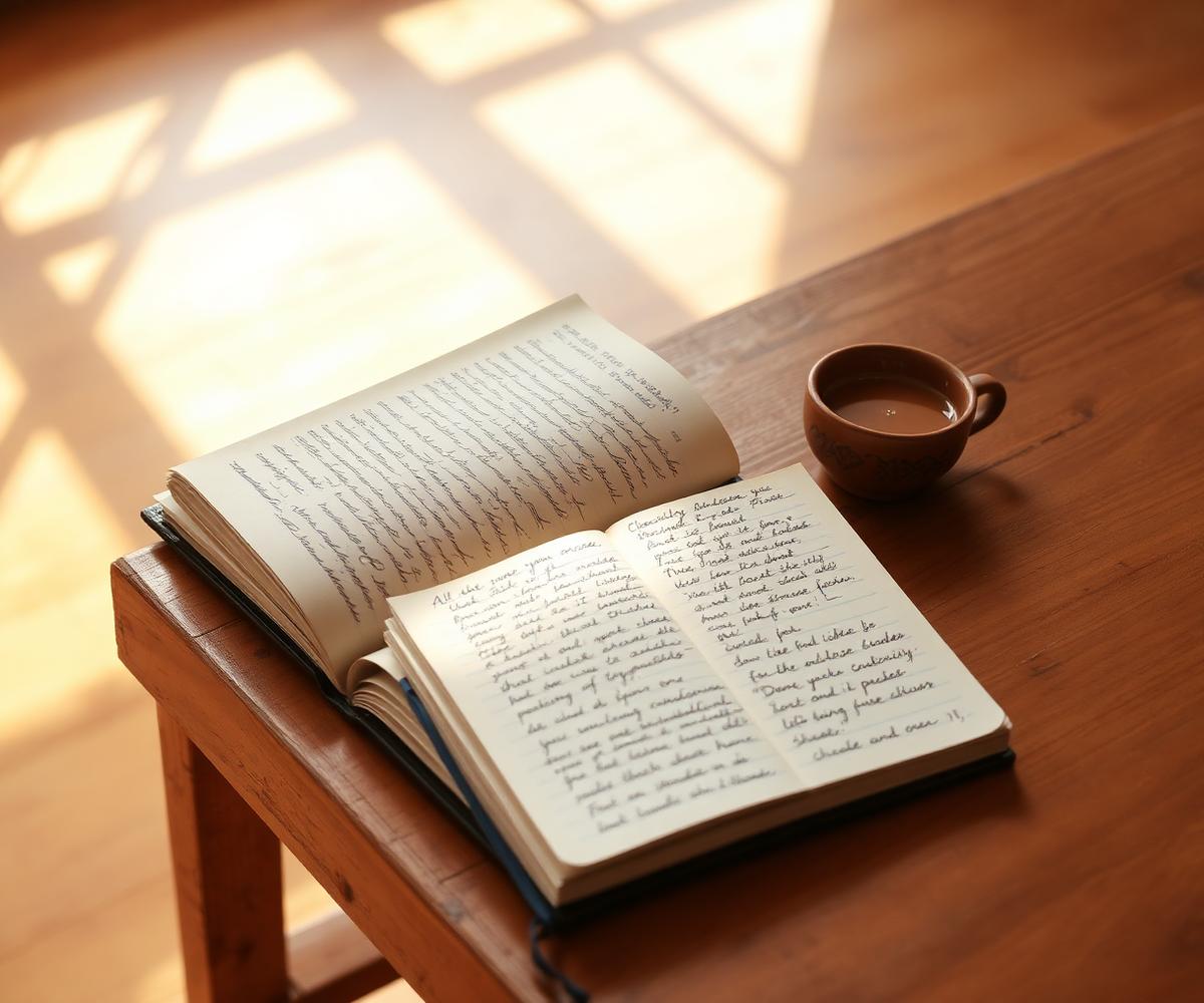 Open journal and clay cup of chai on a wooden bench